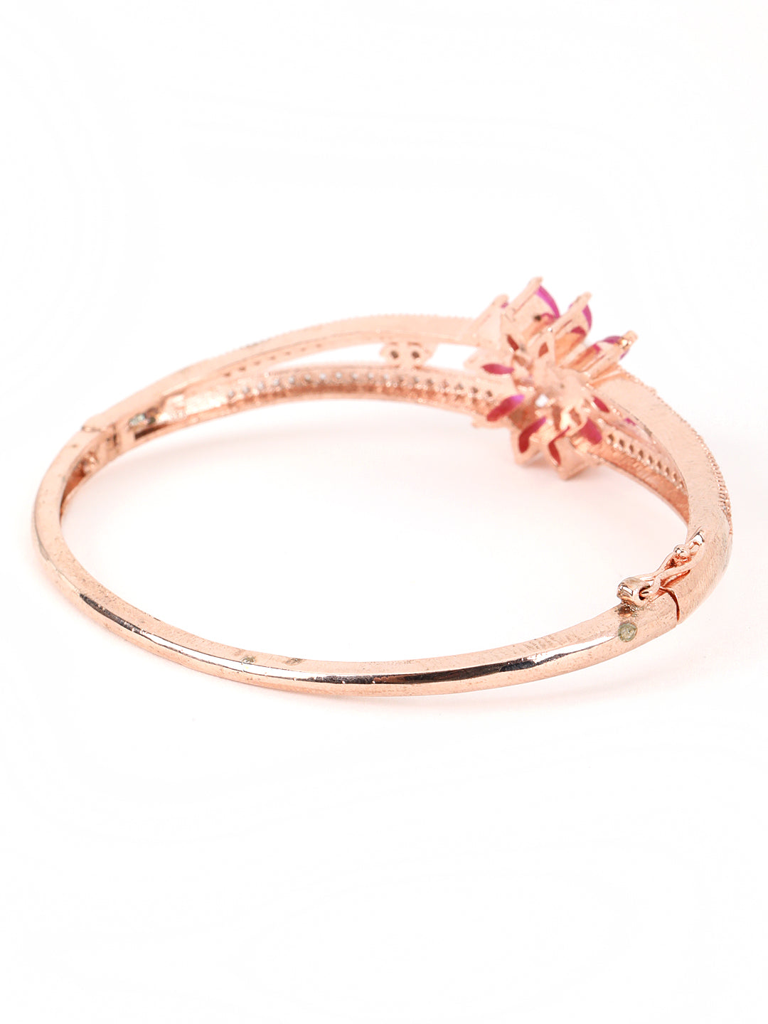 Rose Gold Plated American Diamond Ruby Studded Floral Patterned Bracelet - Jazzandsizzle