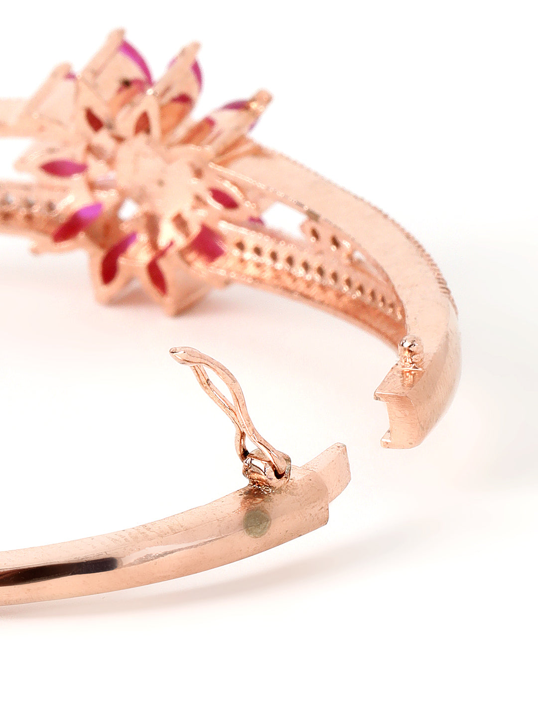 Rose Gold Plated American Diamond Ruby Studded Floral Patterned Bracelet - Jazzandsizzle