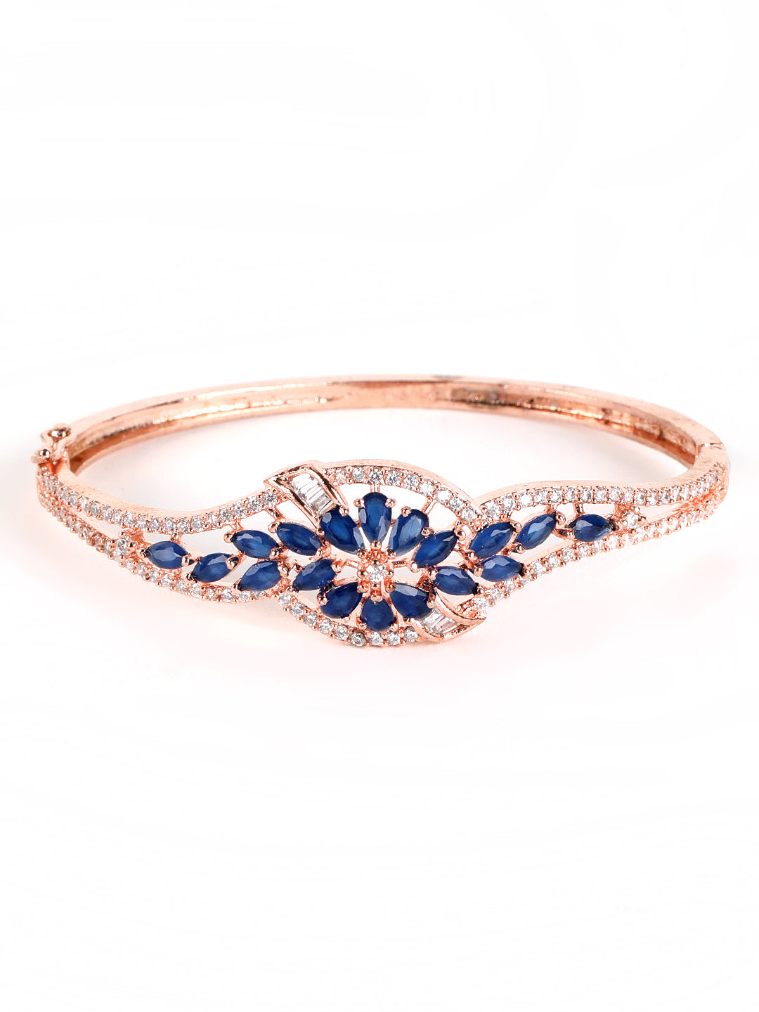 Blue Silver-Plated American Diamond Studded, Floral Patterned Bracelet