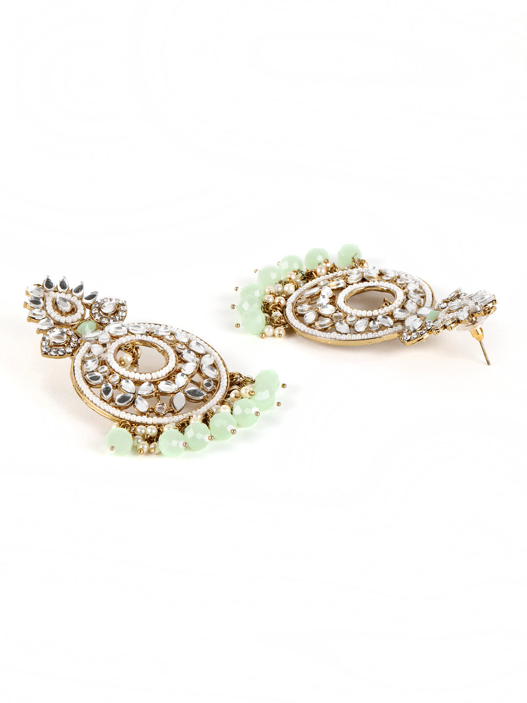 Mint Green Gold-Plated stone Studded & Beadded Crescent Shaped Chandbalis Earrings - Jazzandsizzle