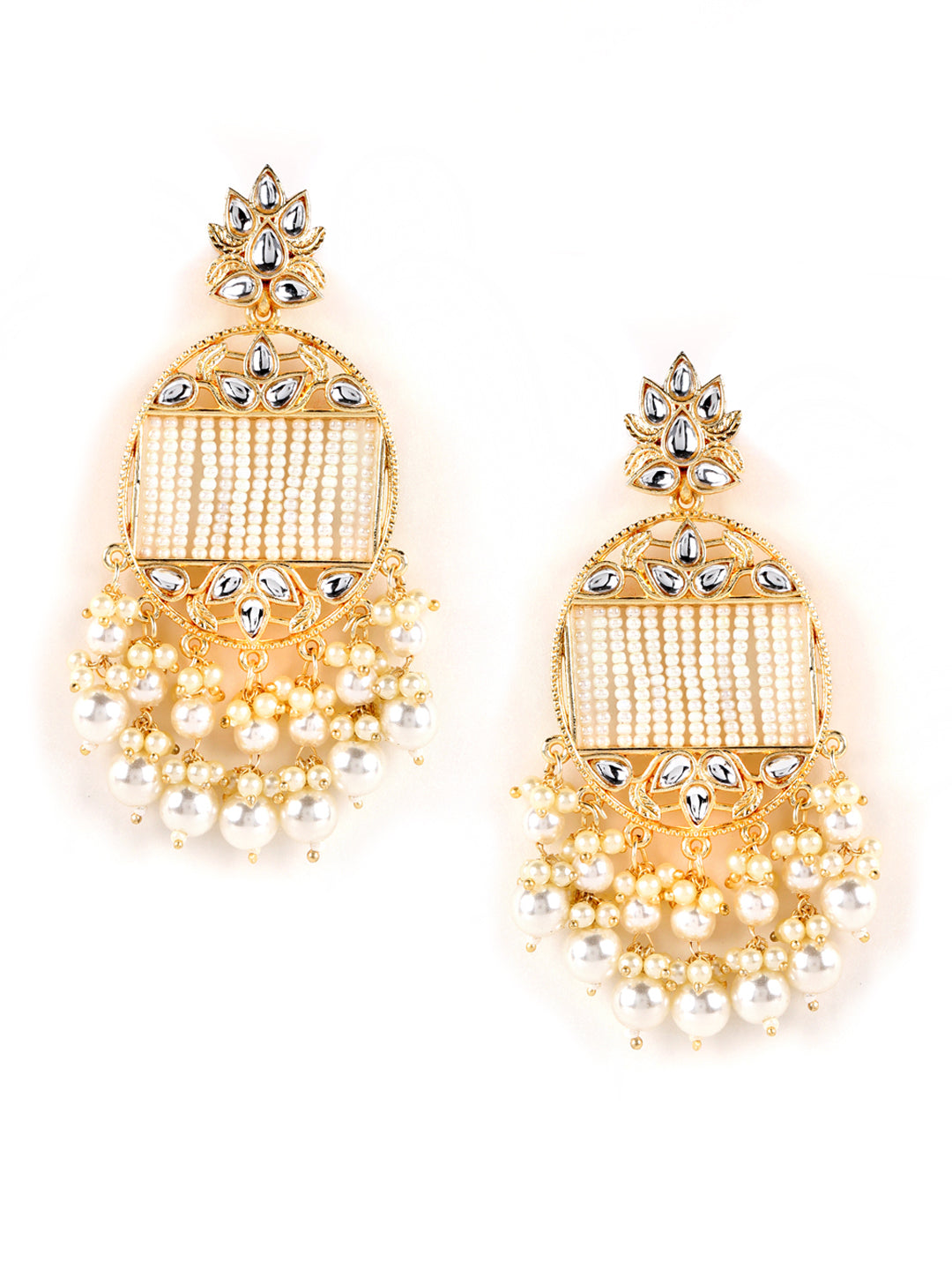 Gold-Plated Handcrafted Kundan Pearl Studded Multistrand Earrings - Jazzandsizzle