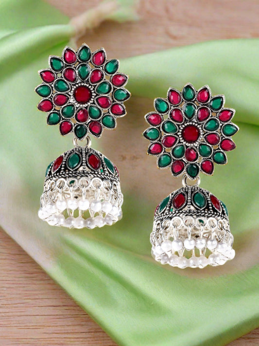 Ruby & Green Gold-Toned Dome Shaped Pearl Drop Jhumkas Earring - Jazzandsizzle