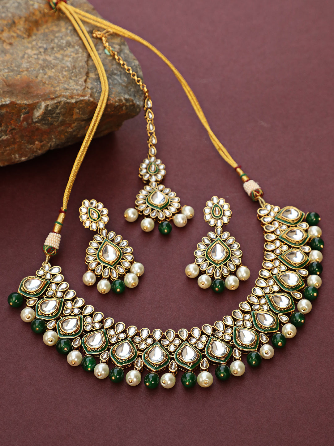 Gold-Plated Green & White Kundan-Studded Beaded Handcrafted Jewellery - Jazzandsizzle