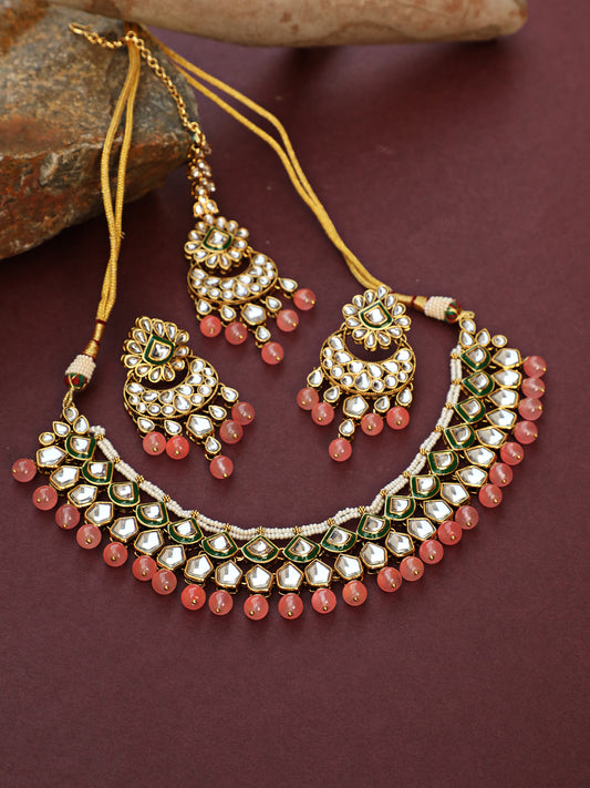 Gold-Plated Pink & White Kundan-Studded Beaded Handcrafted Jewellery - Jazzandsizzle