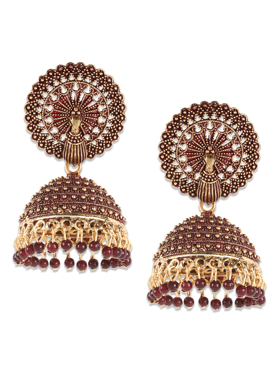 Designer Gold Plated Peacock Shape Enamelled Traditional PartywearPearl Drop Jhumka Earring - Jazzandsizzle