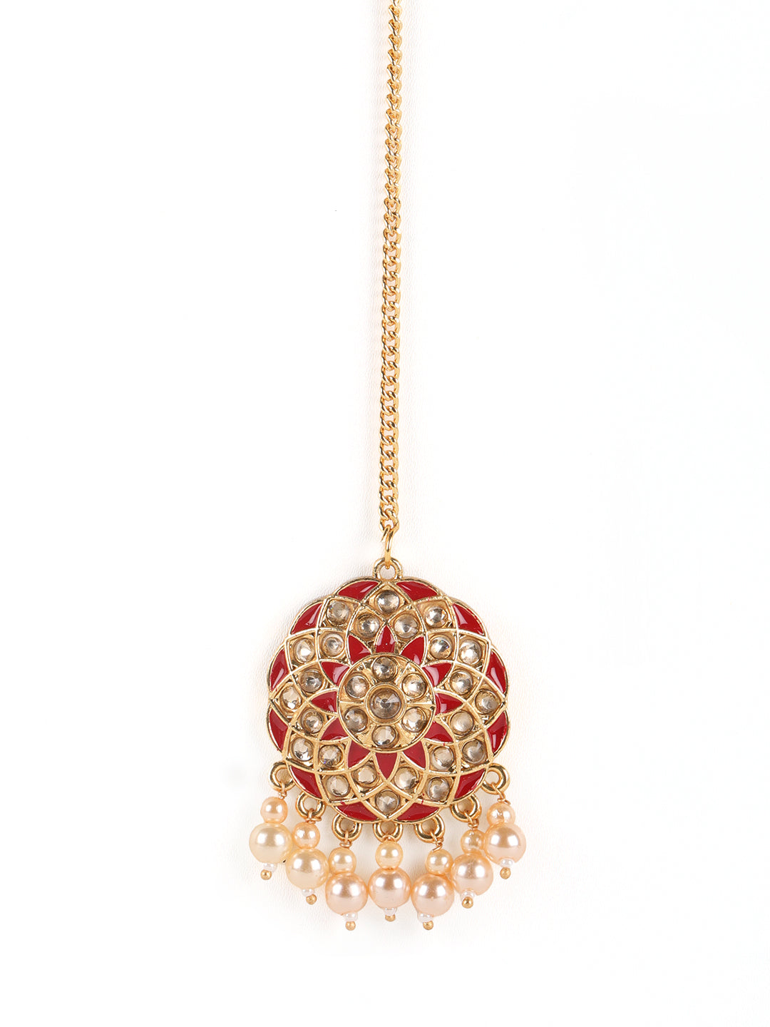 Red Kundan Pearls Gold Plated Choker Set with MaangTikka - Jazzandsizzle