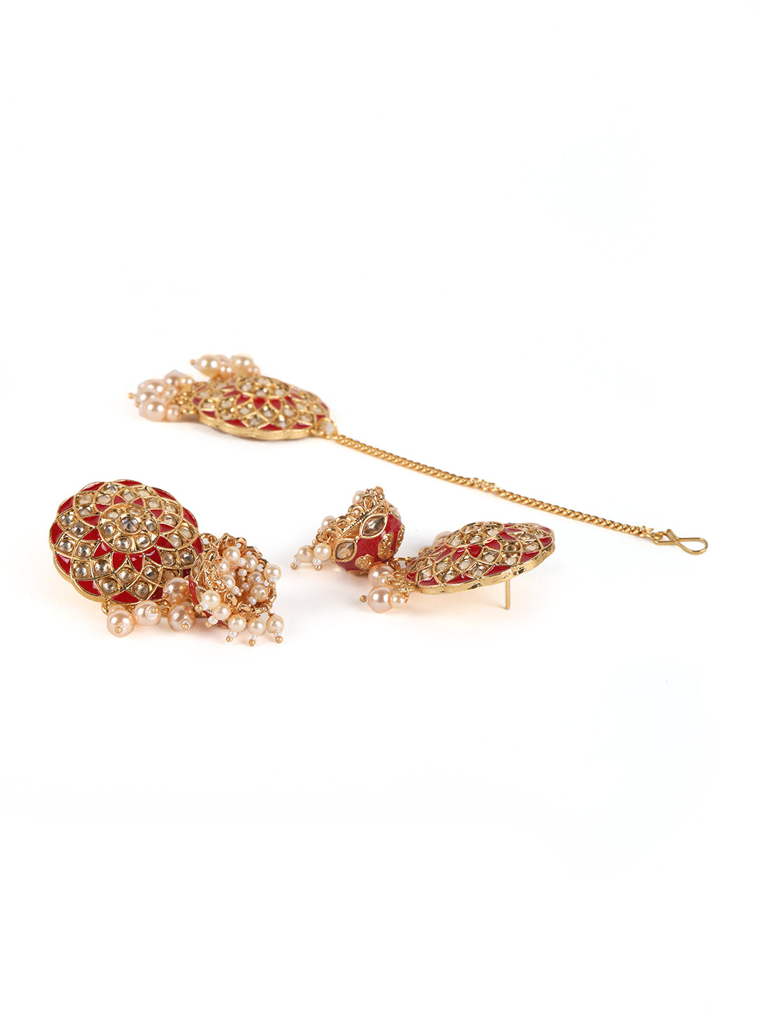 Red Kundan Pearls Gold Plated Choker Set with MaangTikka