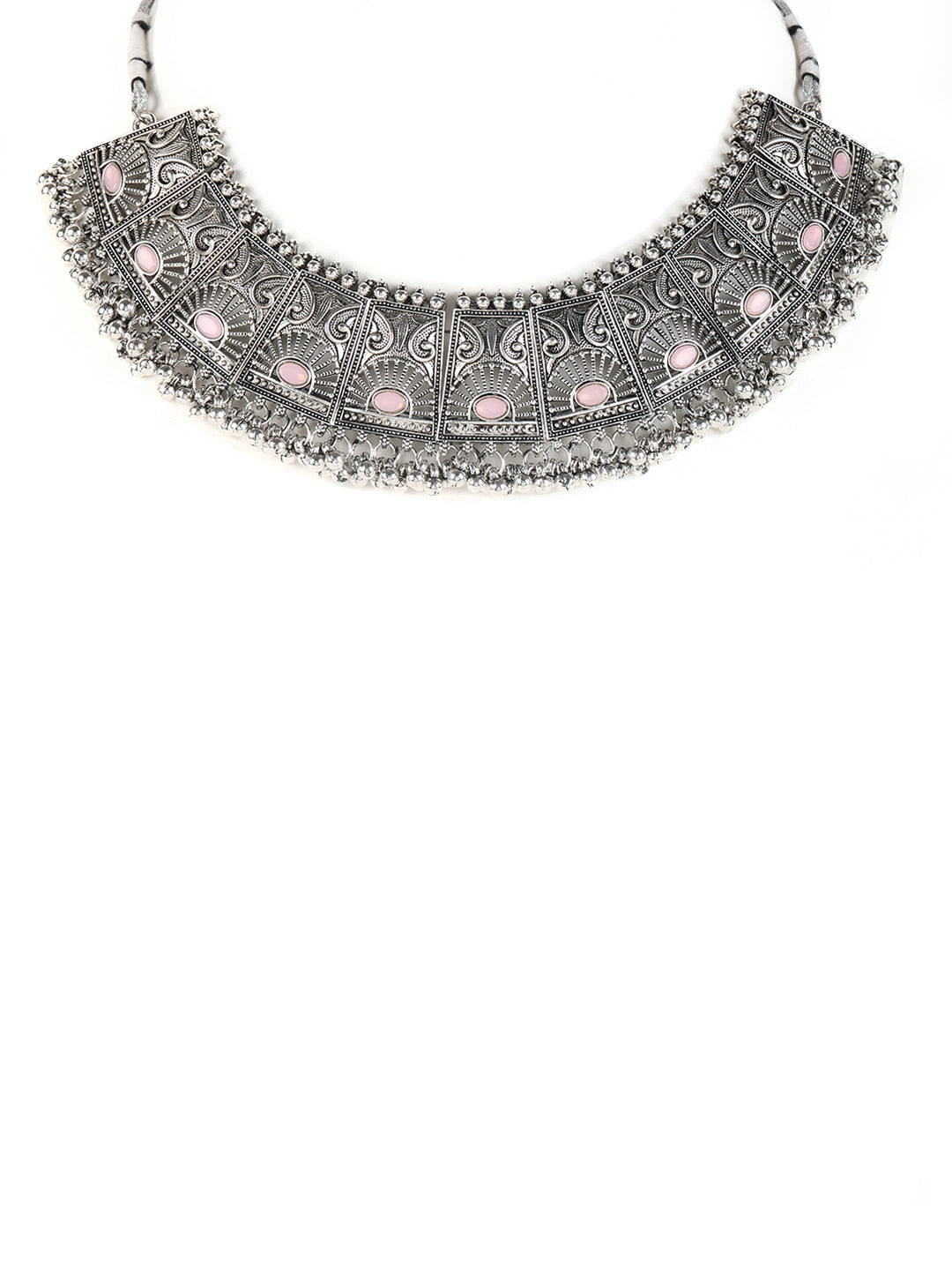 Pink Stones Studded OxidisedSilver Plated Jewellery Set