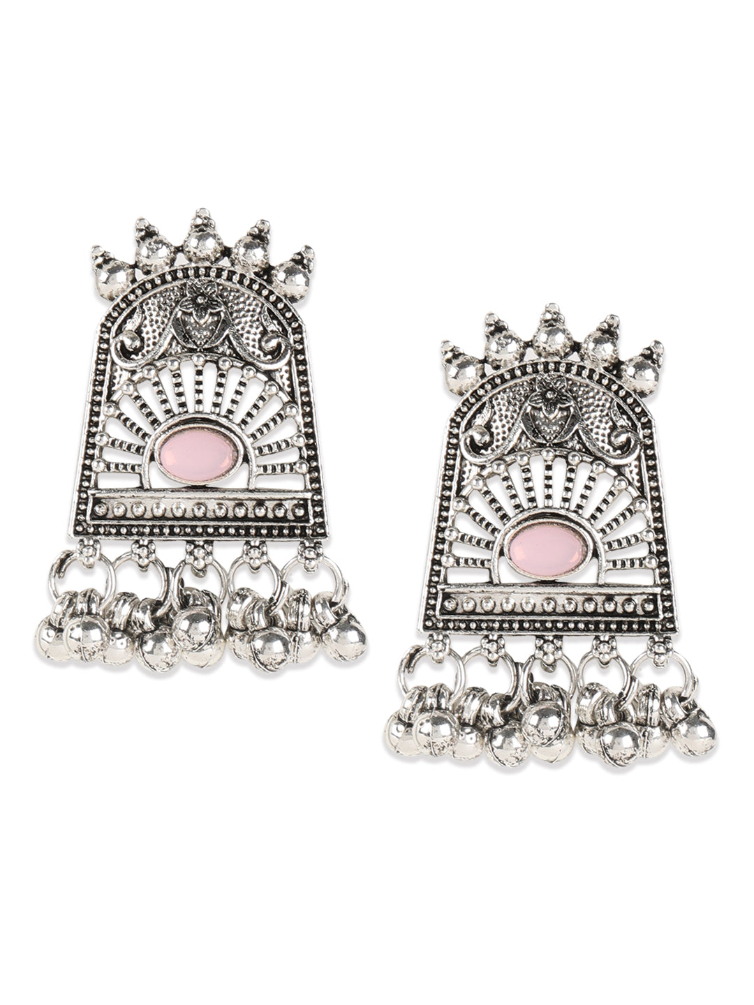 Pink Stones Studded OxidisedSilver Plated Jewellery Set - Jazzandsizzle