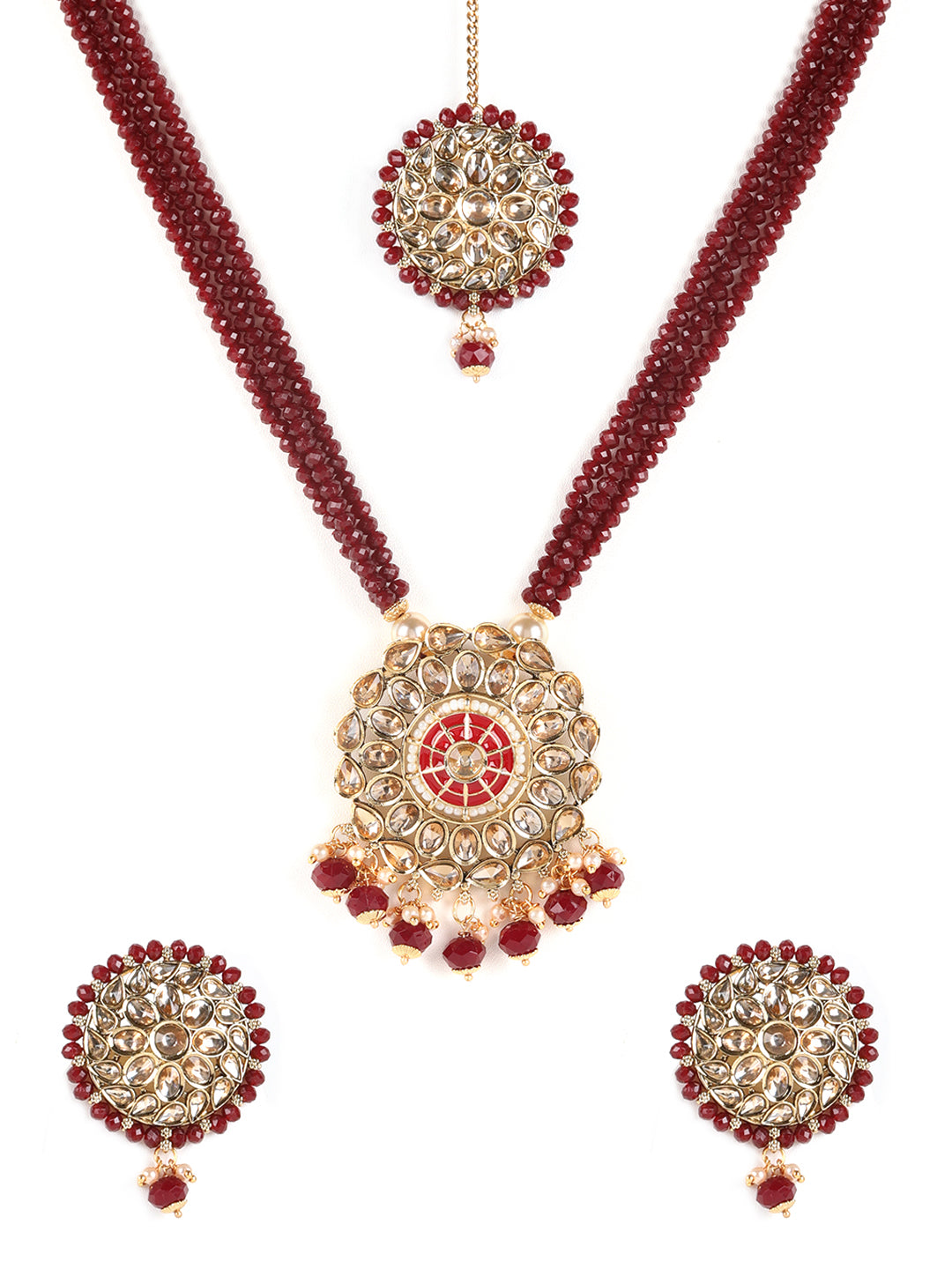 Gold-Plated & Kundan Studded Mahroon Beaded Multi-Strand Jewellery Set with Maangtika - Jazzandsizzle