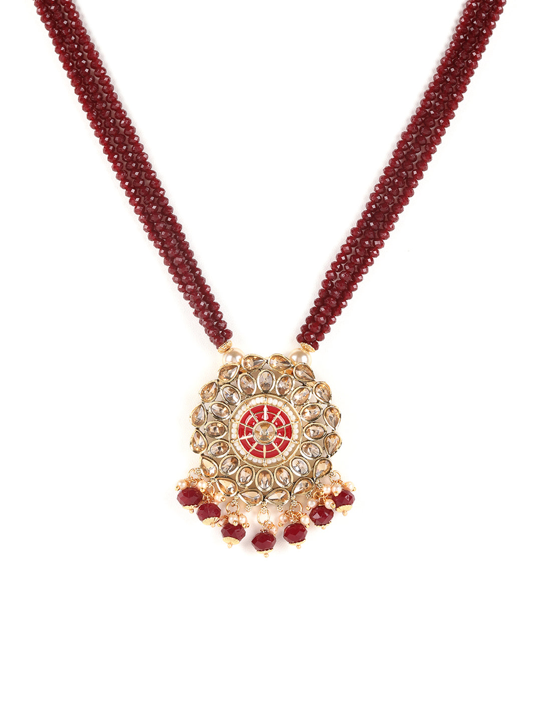 Gold-Plated & Kundan Studded Mahroon Beaded Multi-Strand Jewellery Set with Maangtika