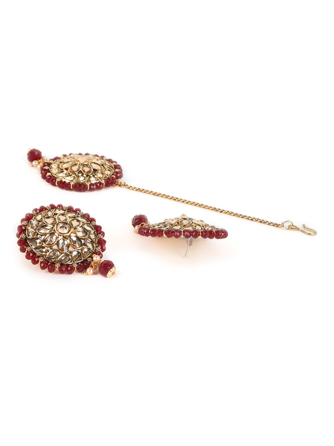 Gold-Plated & Kundan Studded Mahroon Beaded Multi-Strand Jewellery Set with Maangtika - Jazzandsizzle