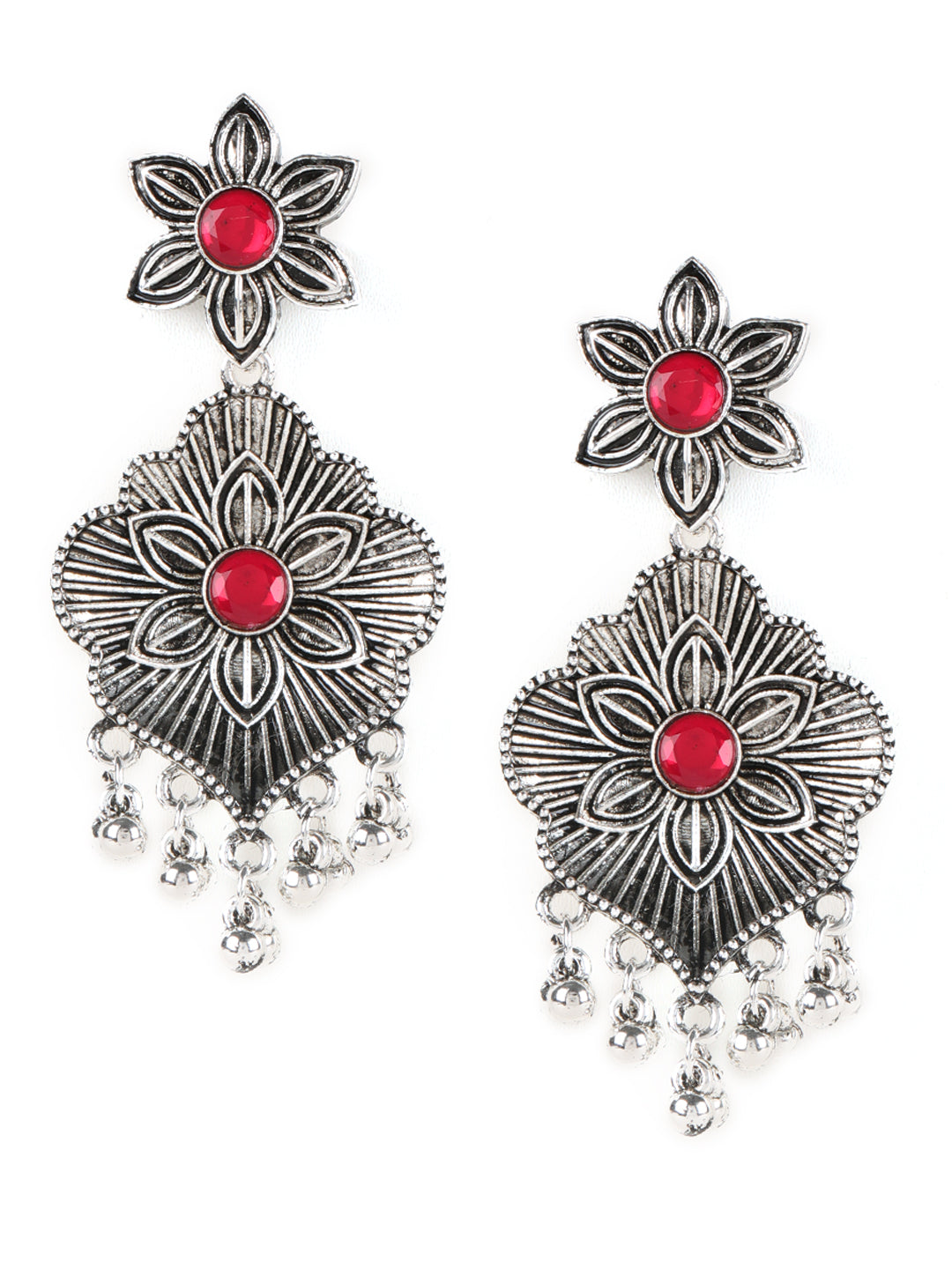 Ruby Stones Studded Oxidized Silver Plated Jewelry Set - Jazzandsizzle