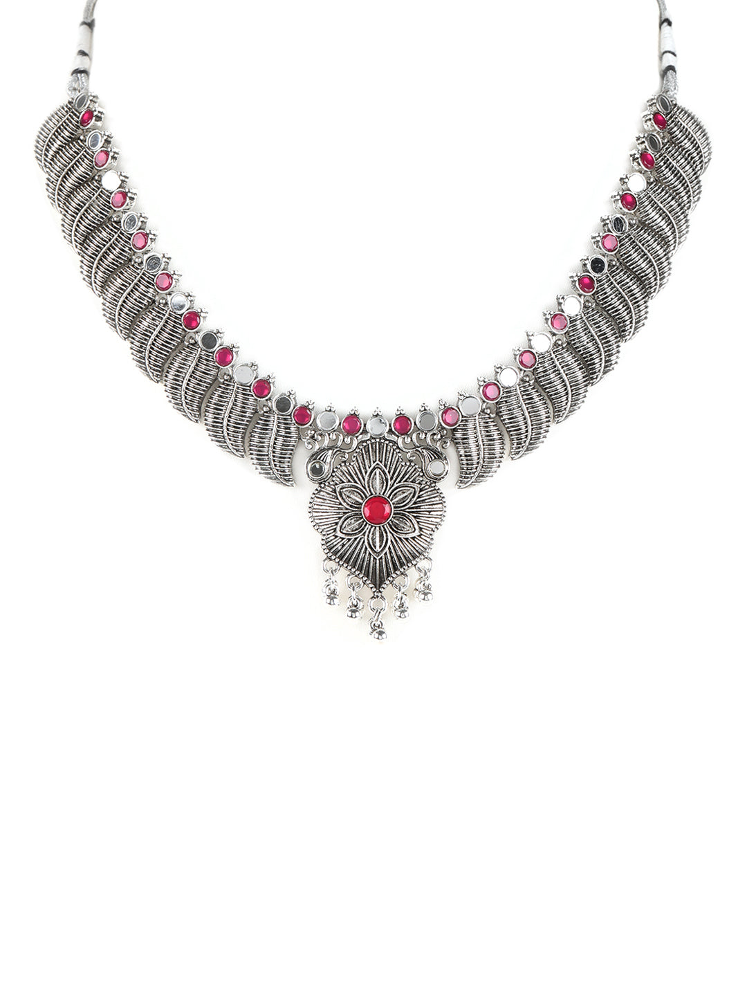 Ruby Stones Studded Oxidized Silver Plated Jewelry Set - Jazzandsizzle