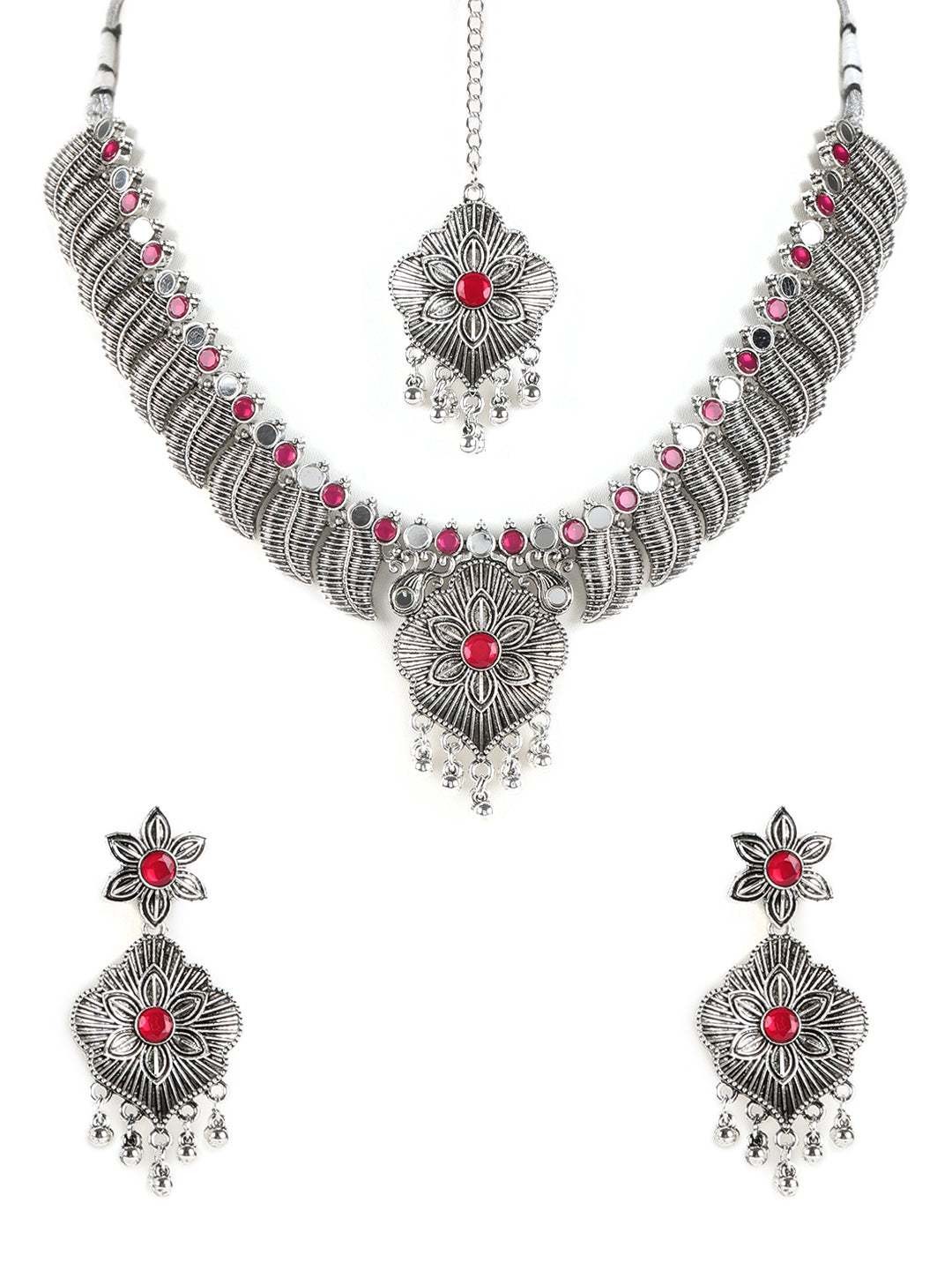 Ruby Stones Studded Oxidized Silver Plated Jewelry Set - Jazzandsizzle