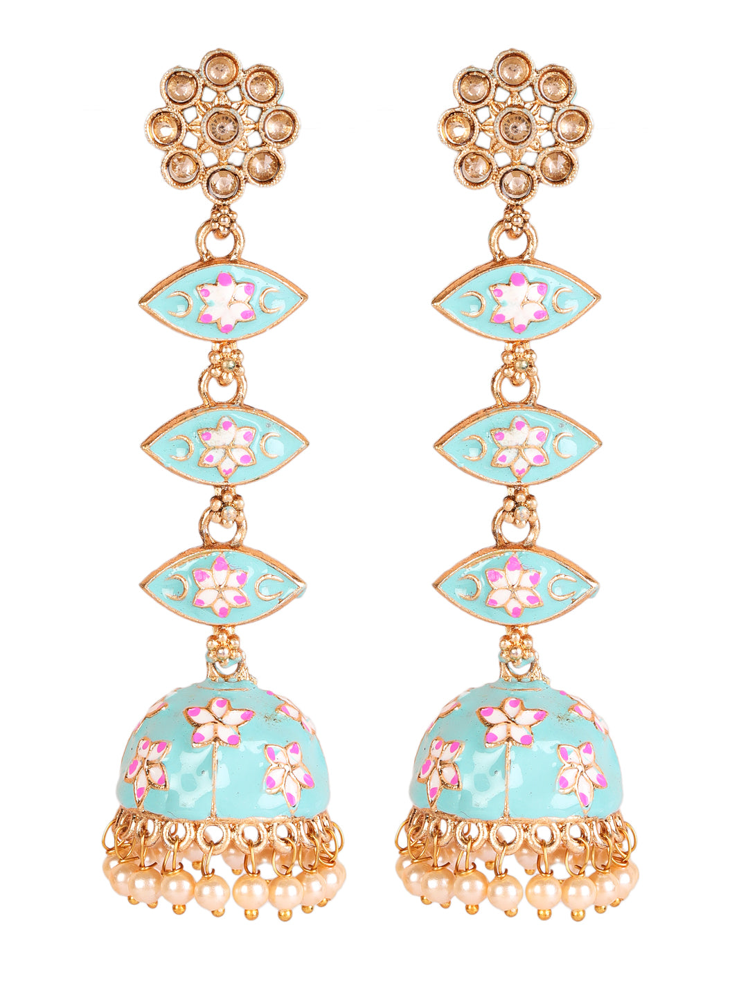 Green & Meenakari Enamel Pink Floral Long Jhumka Earrings - Jazzandsizzle