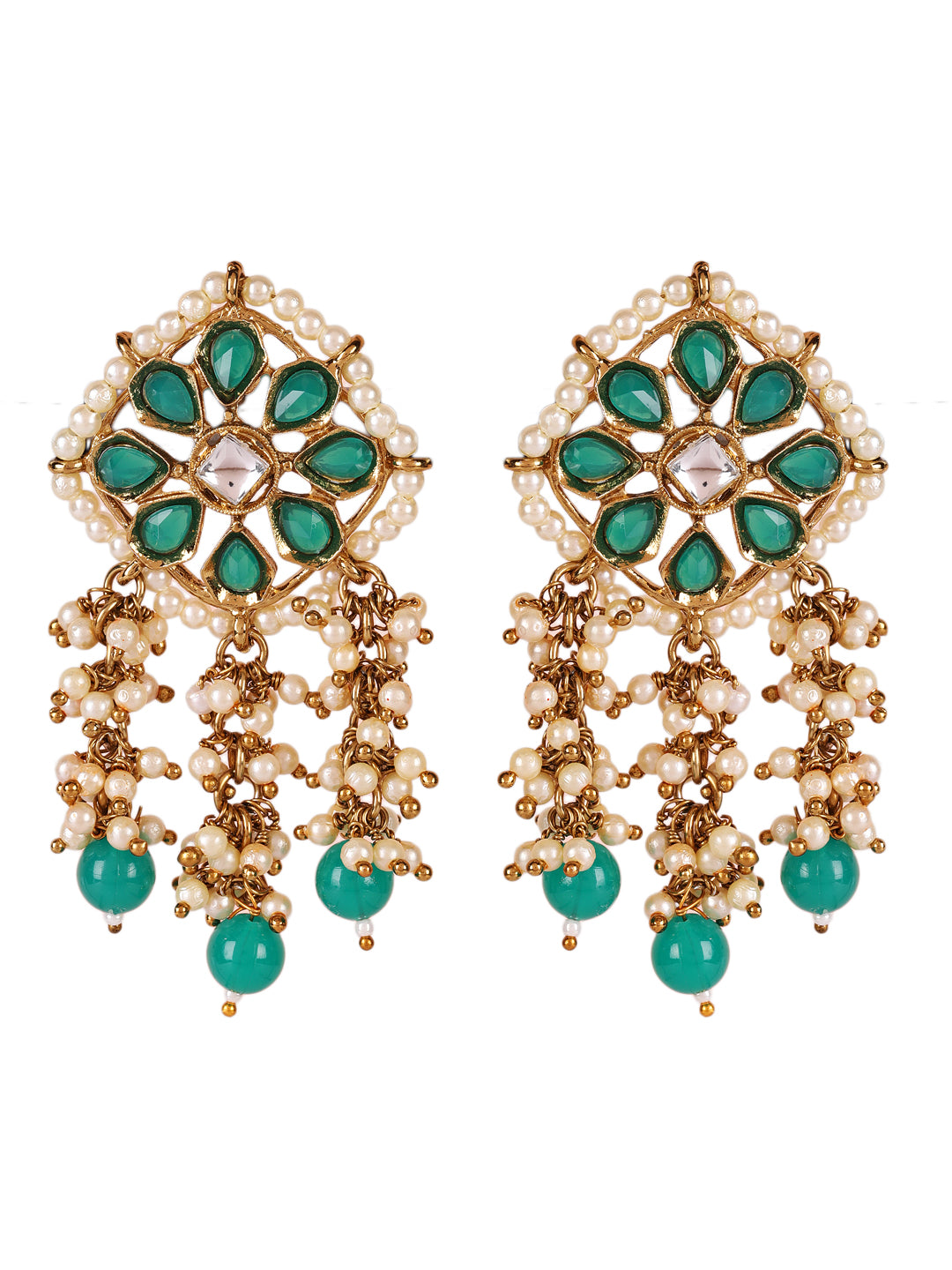 Green Kundan Stone Studded & Pearl Beaded Strand Drop Earrings - Jazzandsizzle