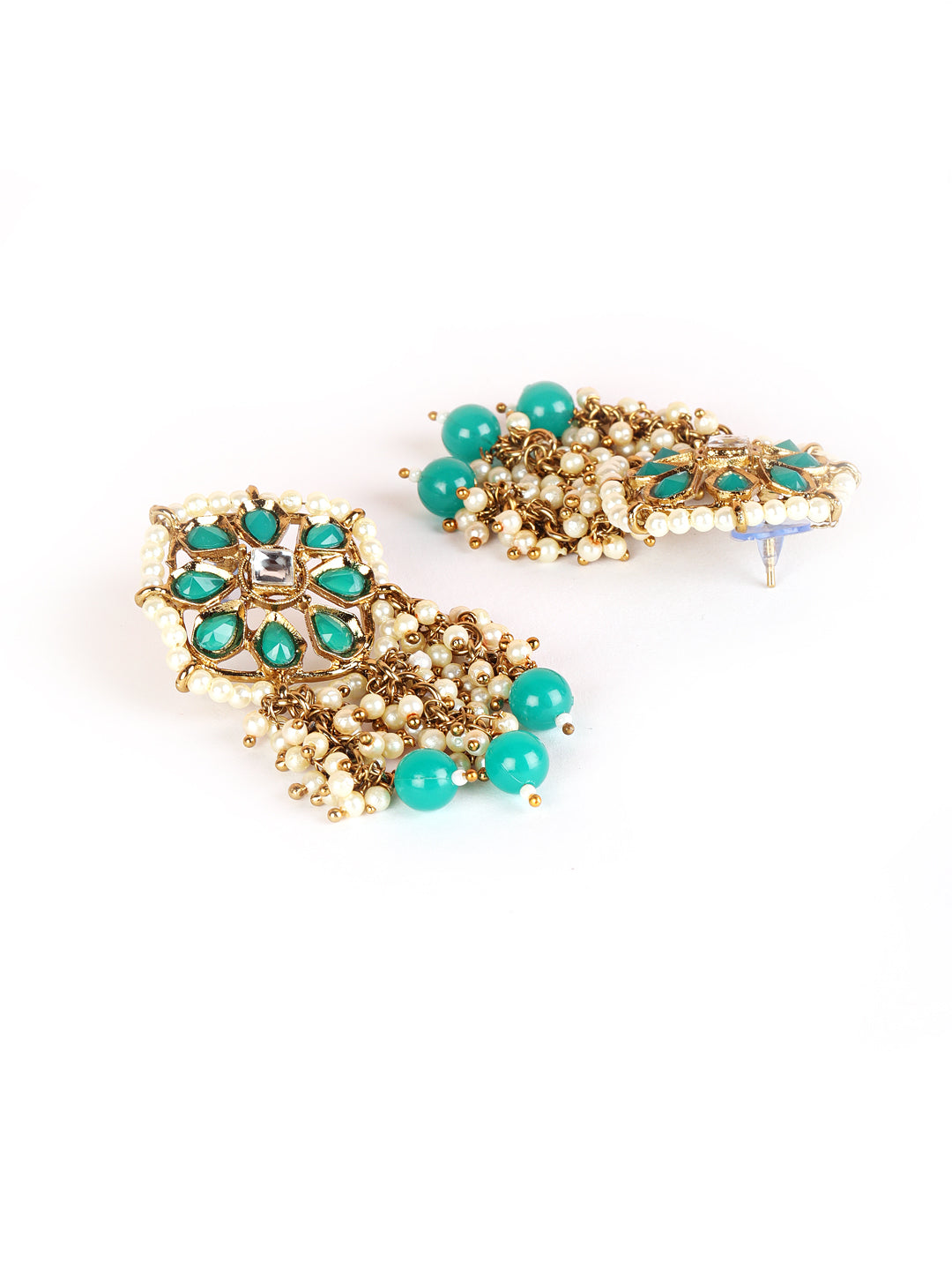 Green Kundan Stone Studded & Pearl Beaded Strand Drop Earrings - Jazzandsizzle