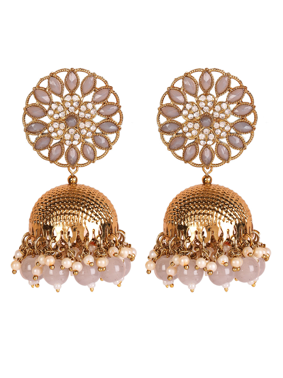 Grey Antique Gold-Plated Studded Dome Shaped Jhumkas - Jazzandsizzle