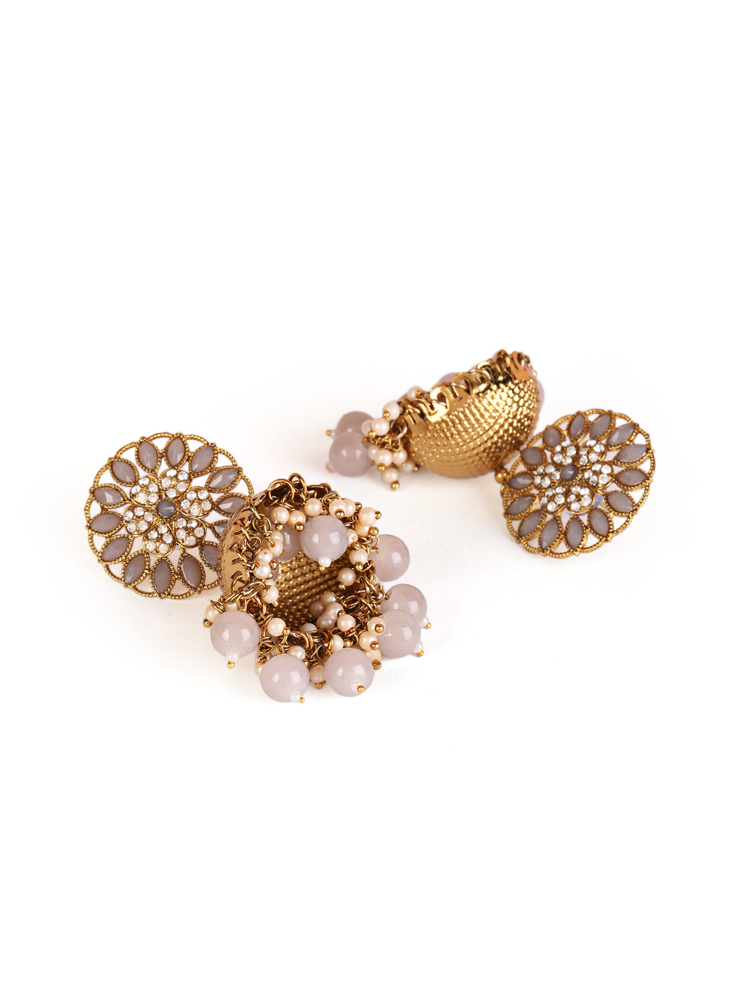 Grey Antique Gold-Plated Studded Dome Shaped Jhumkas - Jazzandsizzle