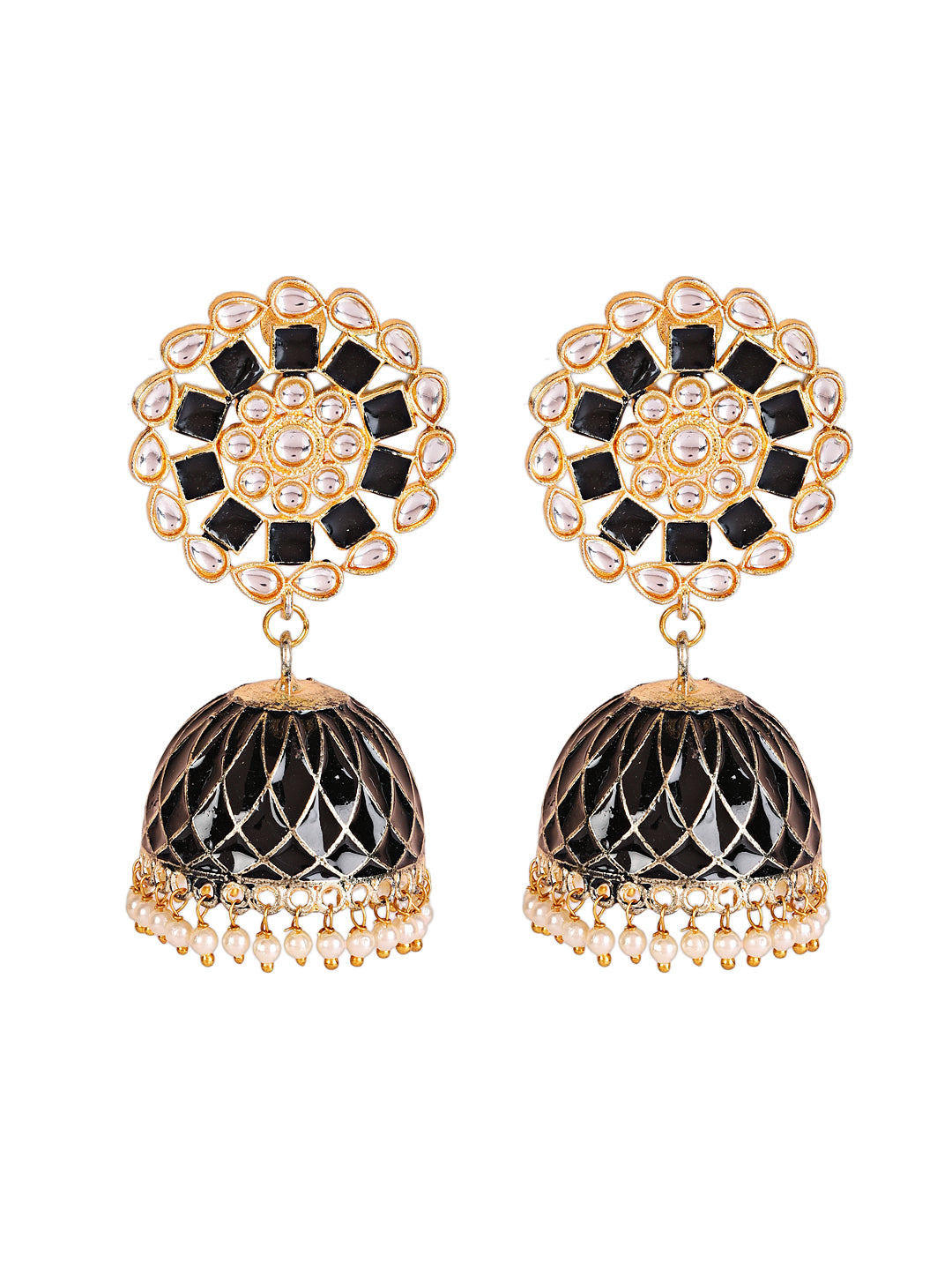 Gold plated & Black Hand painted Floral Shaped Jhumka Earrings - Jazzandsizzle