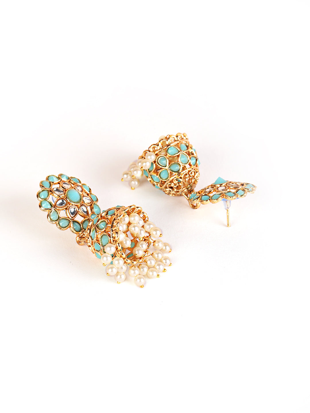 Flora Shaped Gold-Plated Stone Studded & Beaded Jhumka Earrings - Jazzandsizzle