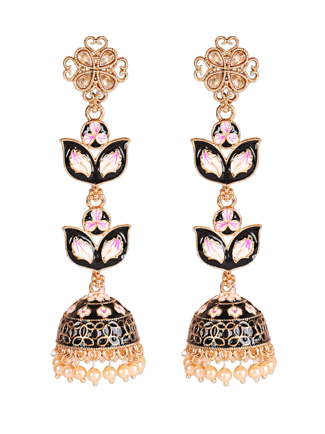 Black & Pink Meenakari Enamel Dome shaped Long Jhumka Earrings - Jazzandsizzle
