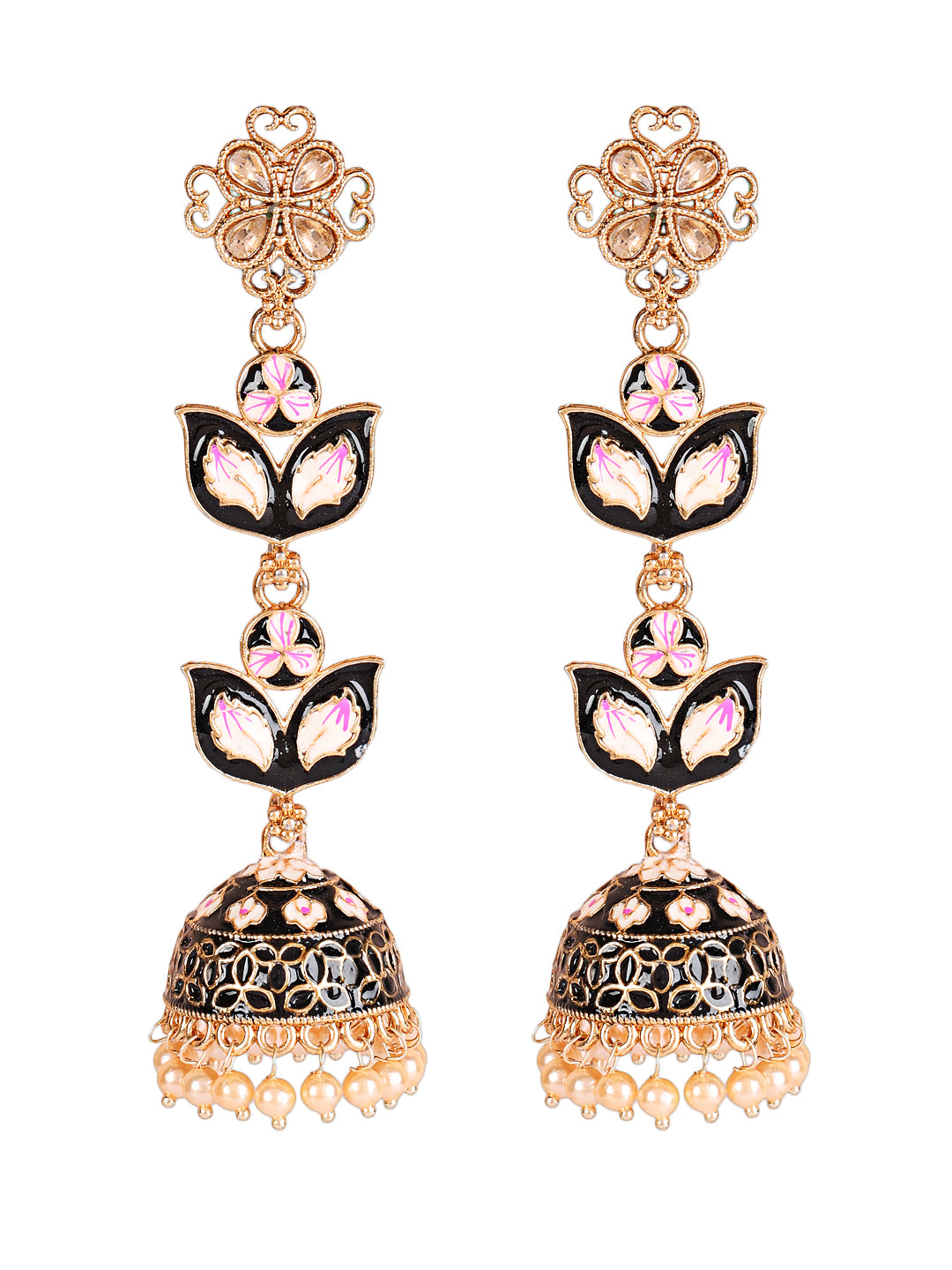 Black & Pink Meenakari Enamel Dome shaped Long Jhumka Earrings - Jazzandsizzle