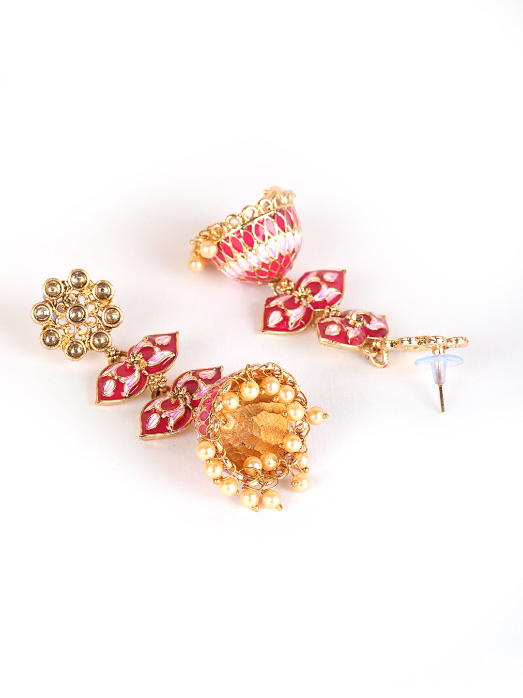 Gold Plated Floral Shaped Dome Pink & White Minakari Drop Earrings - Jazzandsizzle