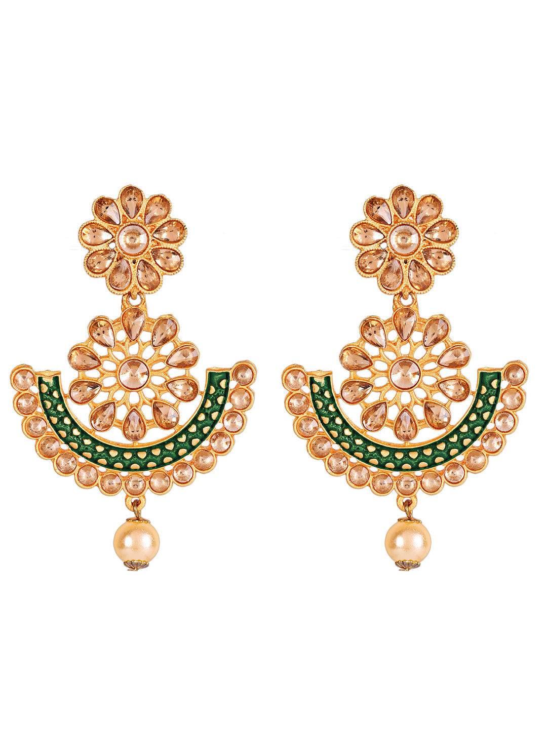 Jazz And Sizzle Floral Dome Shaped Gold- Plated Green Pearl Drop Chand Bali Earrings - Jazzandsizzle