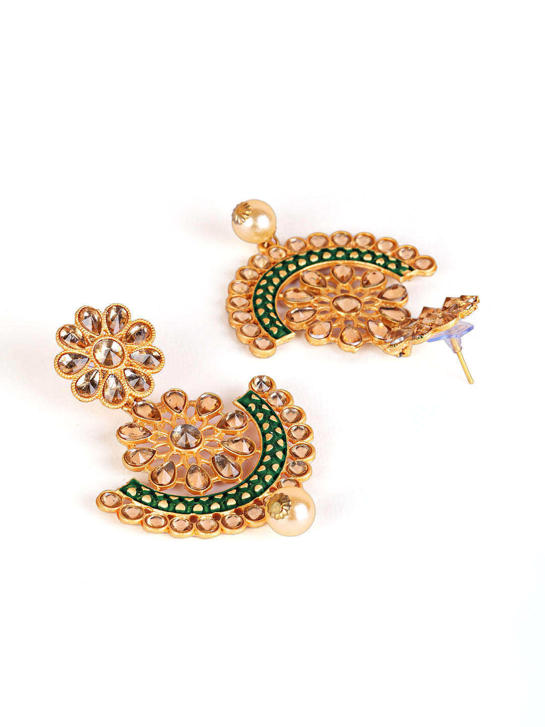 Jazz And Sizzle Floral Dome Shaped Gold- Plated Green Pearl Drop Chand Bali Earrings - Jazzandsizzle