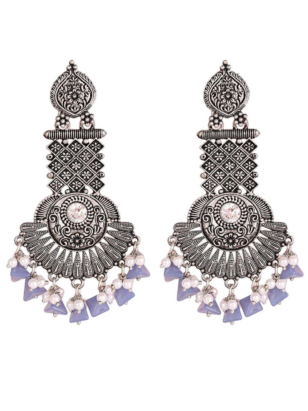 Jazz And Sizzle Blue Stone Studded & Beaded Silver Plated Drop Earrings - Jazzandsizzle