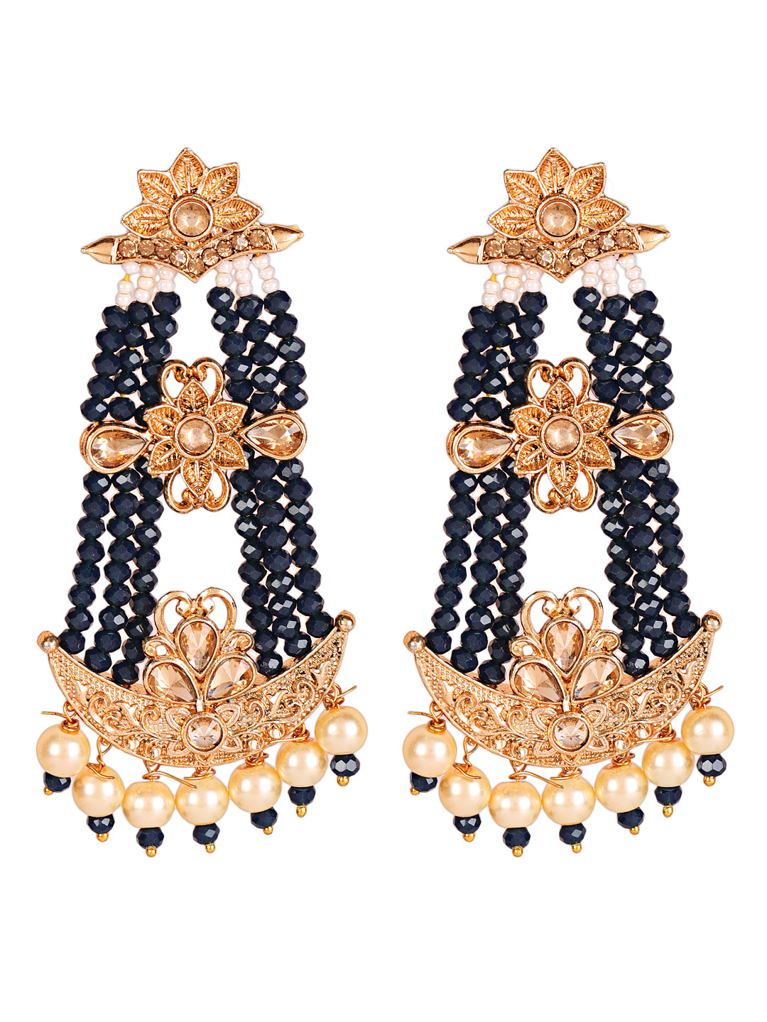 Black & Gold-Plated Handcrafted Kundan Pearl Studded Multistrand Earrings