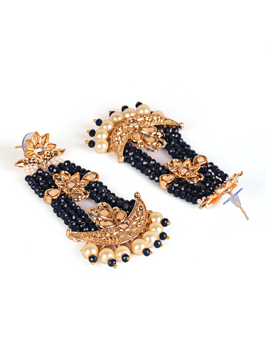 Black & Gold-Plated Handcrafted Kundan Pearl Studded Multistrand Earrings