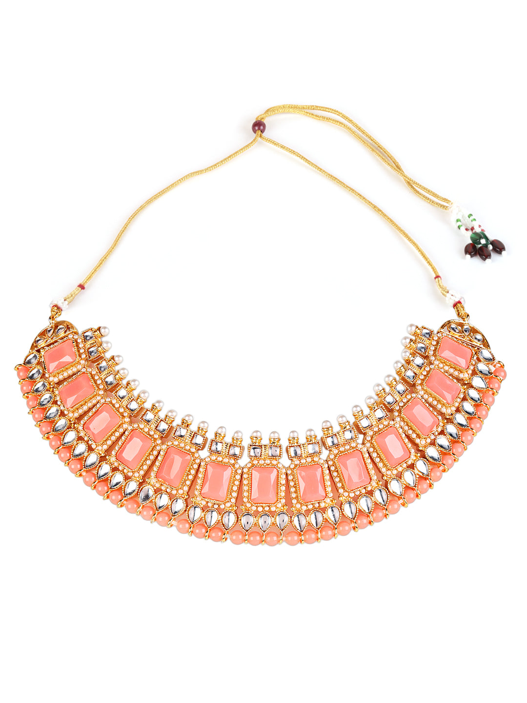 Pink Gold-Plated Kundan Beaded Necklace Set with Maangtika