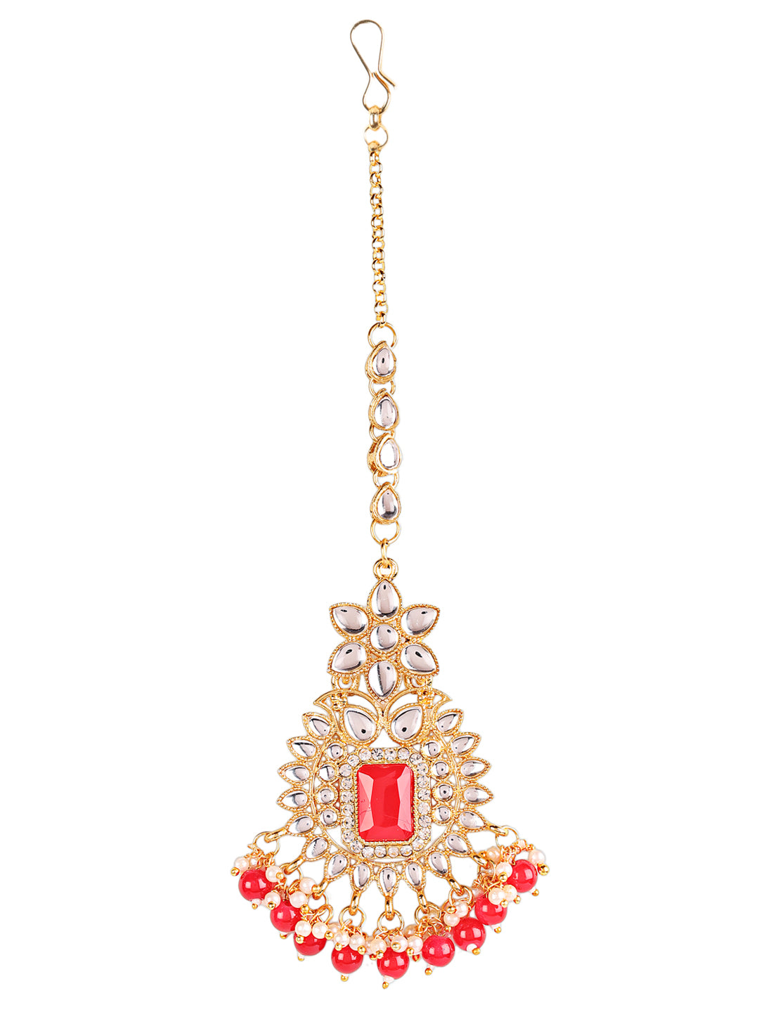 Mahroon Gold-Plated & Pearl Beaded Kundan Choker Necklace, Earring & Maangtikka Set