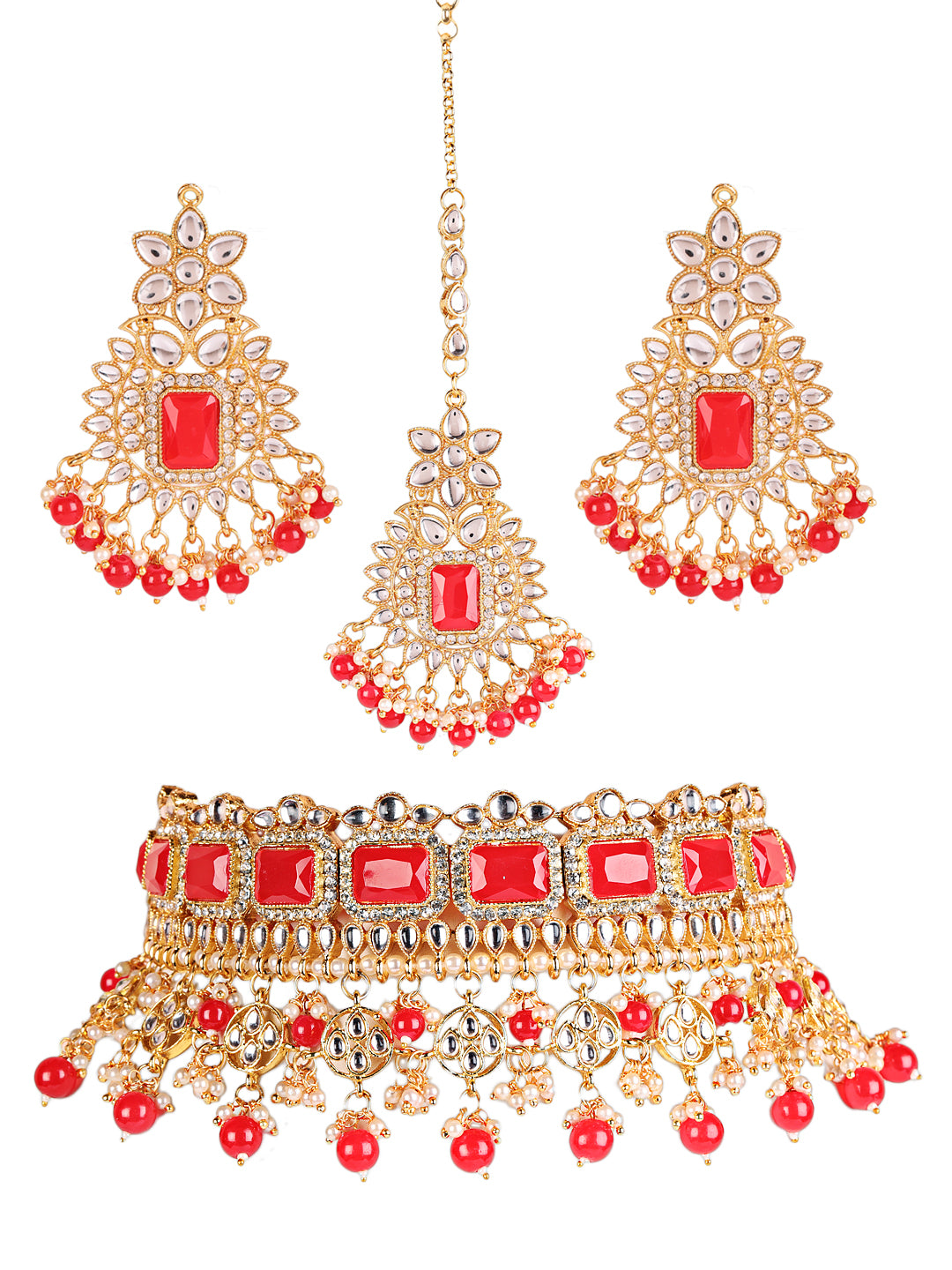 Mahroon Gold-Plated & Pearl Beaded Kundan Choker Necklace, Earring & Maangtikka Set - Jazzandsizzle