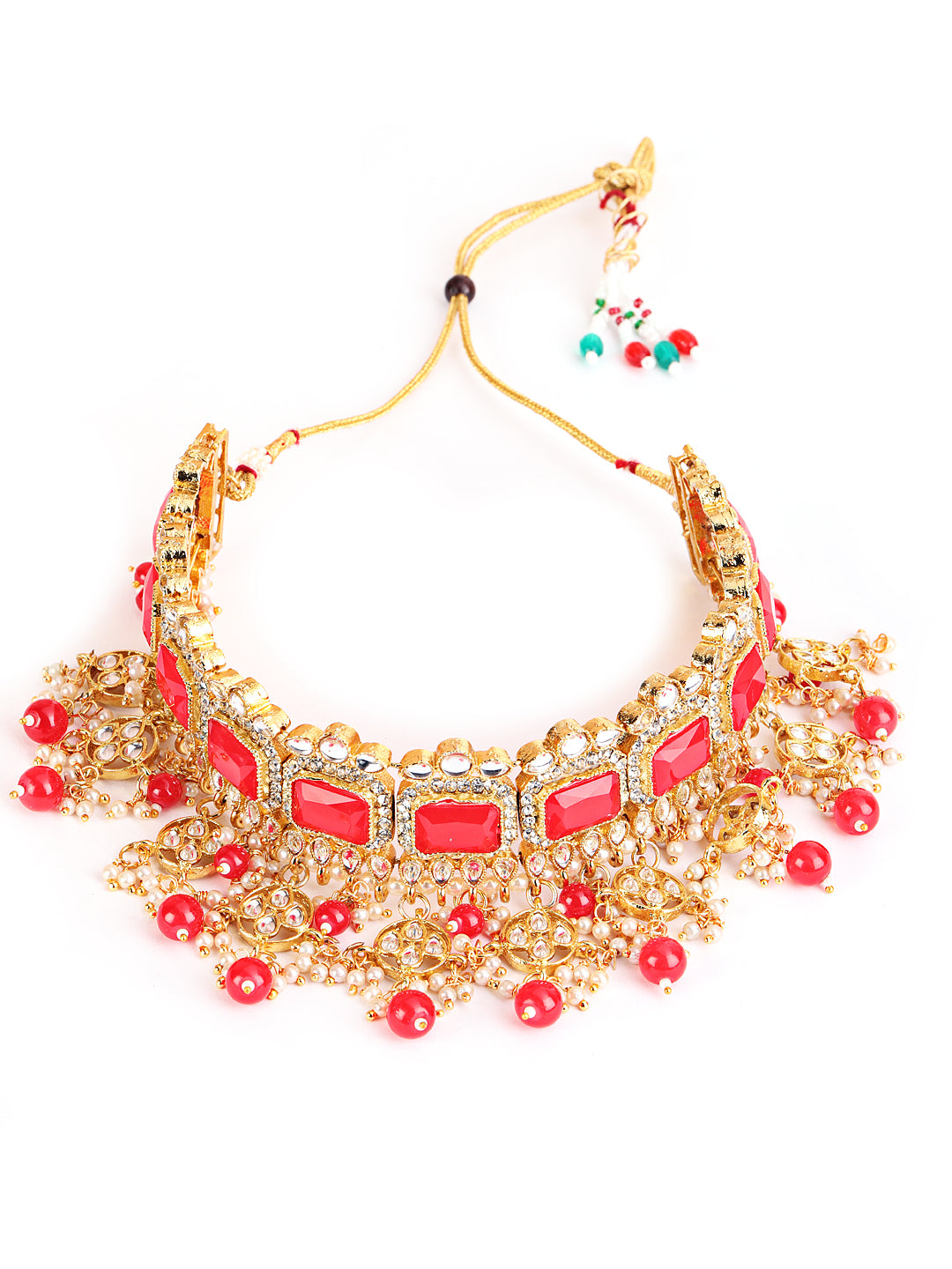 Mahroon Gold-Plated & Pearl Beaded Kundan Choker Necklace, Earring & Maangtikka Set - Jazzandsizzle