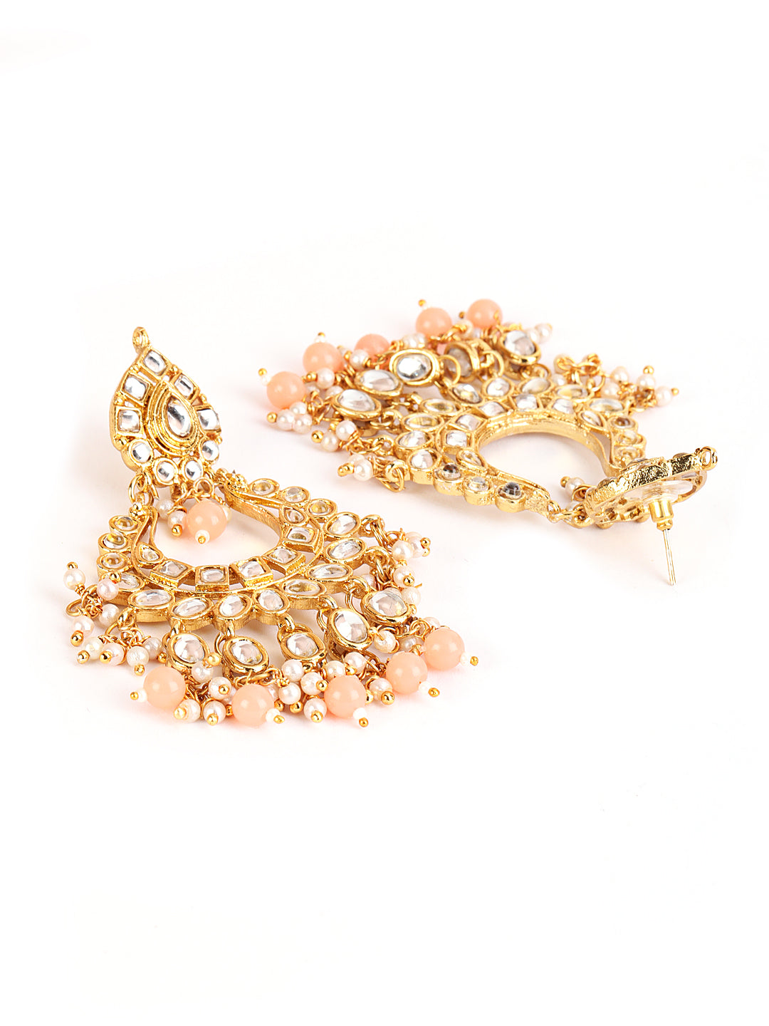 Peach & White Gold-Plated Kundan Studded & Beaded Handcrafted Jewellery Set - Jazzandsizzle