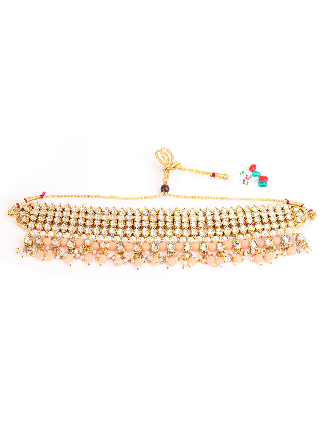 Peach & White Gold-Plated Kundan Studded & Beaded Handcrafted Jewellery Set - Jazzandsizzle