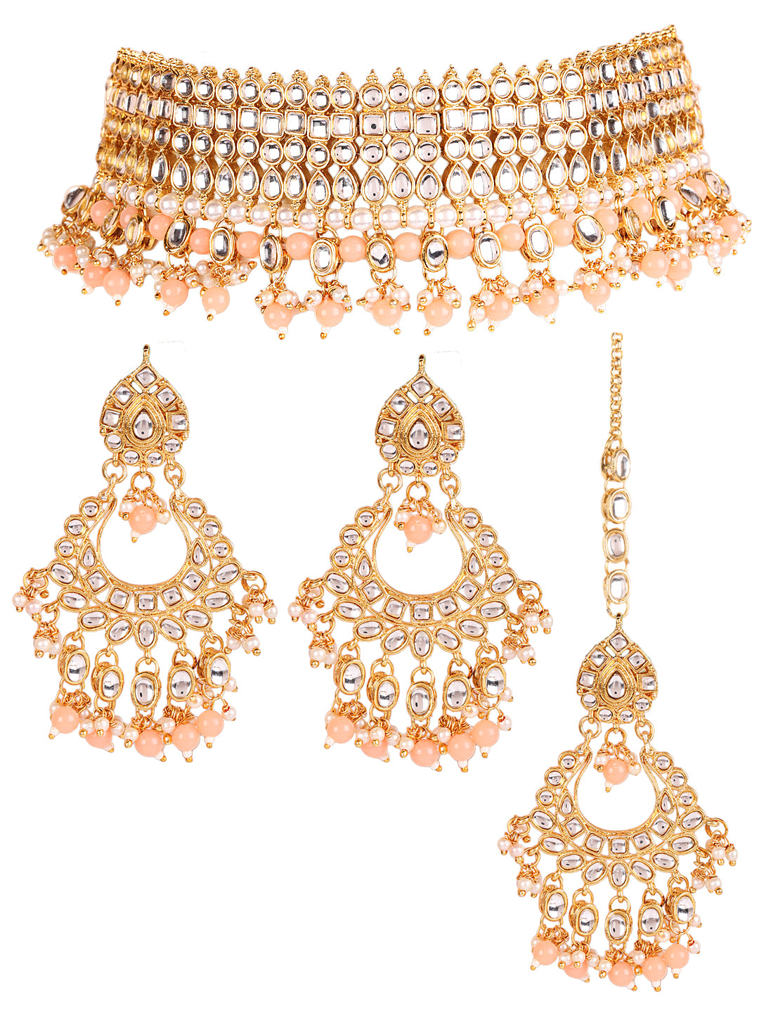 Peach & White Gold-Plated Kundan Studded & Beaded Handcrafted Jewellery Set - Jazzandsizzle