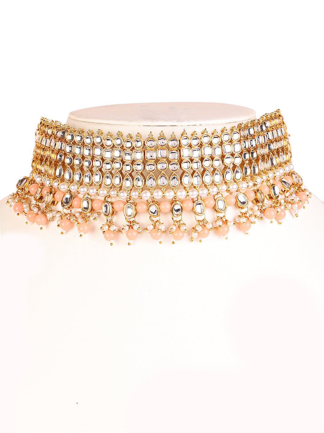 Peach & White Gold-Plated Kundan Studded & Beaded Handcrafted Jewellery Set - Jazzandsizzle