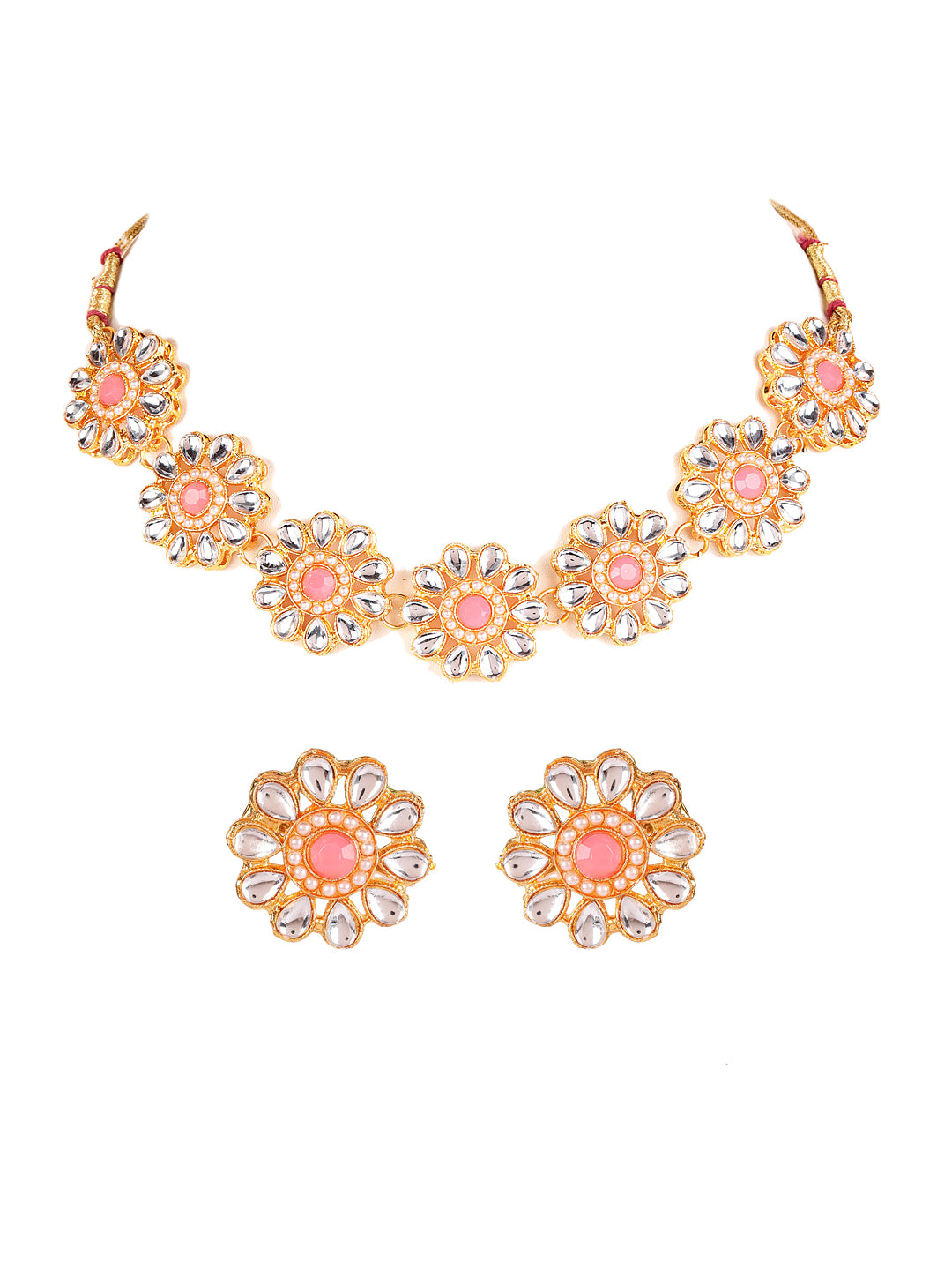 Gold-Plated White & Pink Kundan-Studded Floral Traditional Jewellery Set - Jazzandsizzle