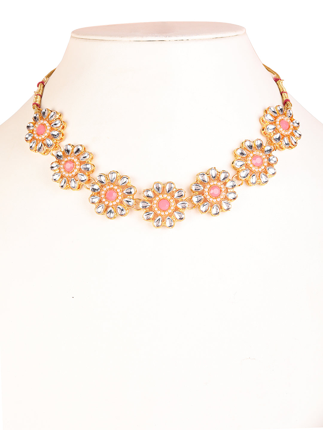 Gold-Plated White & Pink Kundan-Studded Floral Traditional Jewellery Set - Jazzandsizzle