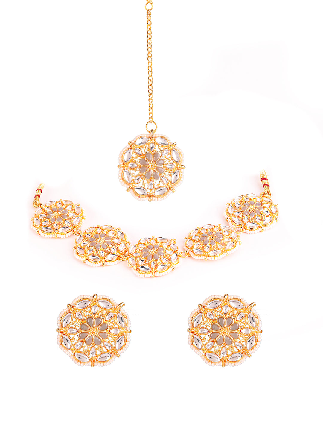 Gold-Plated Kundan Choker Necklace Earring & Maangtika Set - Jazzandsizzle