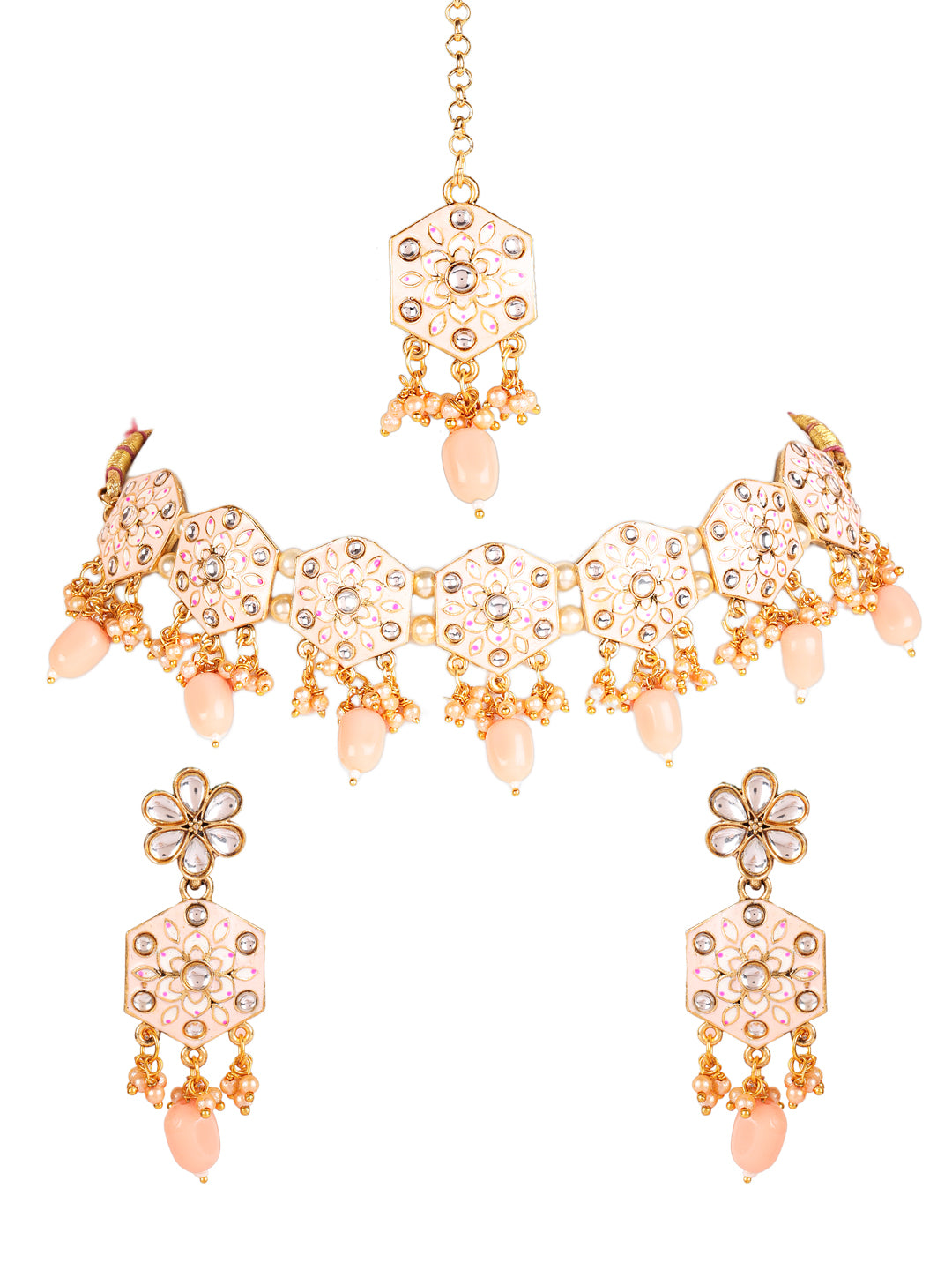 Gold-Plated Peach & Pink Meenakari Jewellery Set with Maangtika - Jazzandsizzle