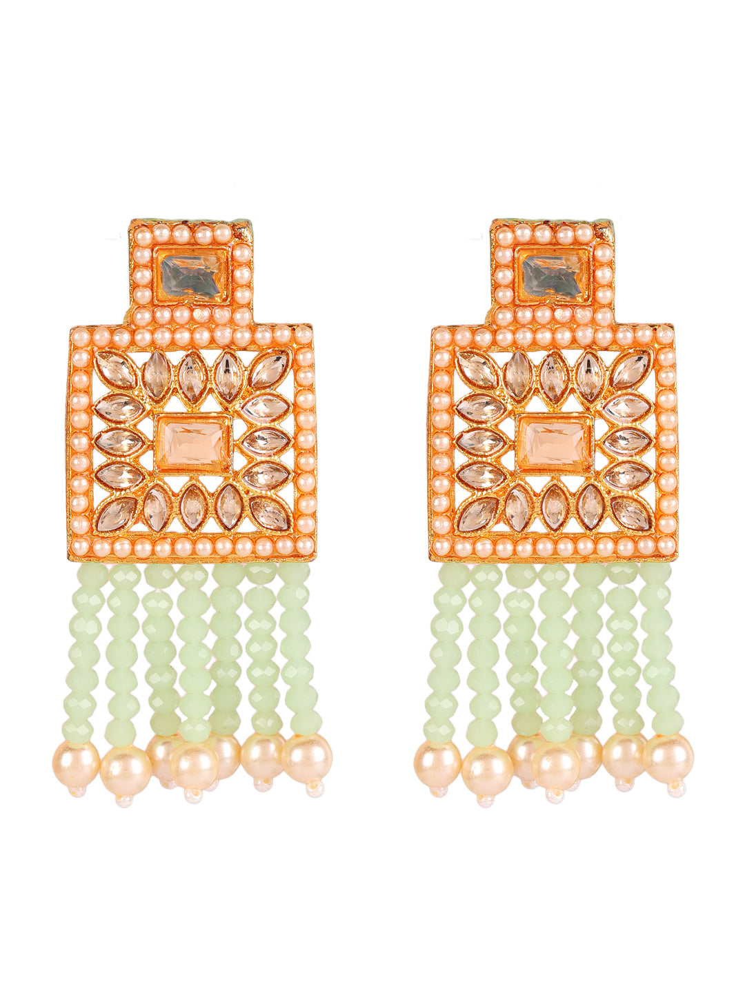 Gold-Plated & Pastel Green Kundan Crystal Beads Jewellery Set - Jazzandsizzle