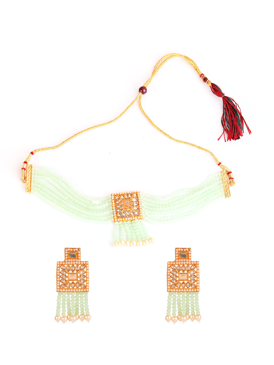 Gold-Plated & Pastel Green Kundan Crystal Beads Jewellery Set - Jazzandsizzle