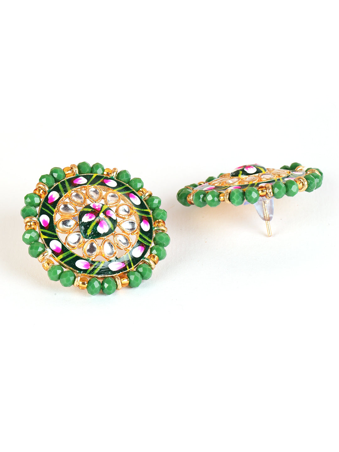 Women Green & Pink Kundan-Studded & Beaded Handcrafted Meenakari Jewellery Set - Jazzandsizzle