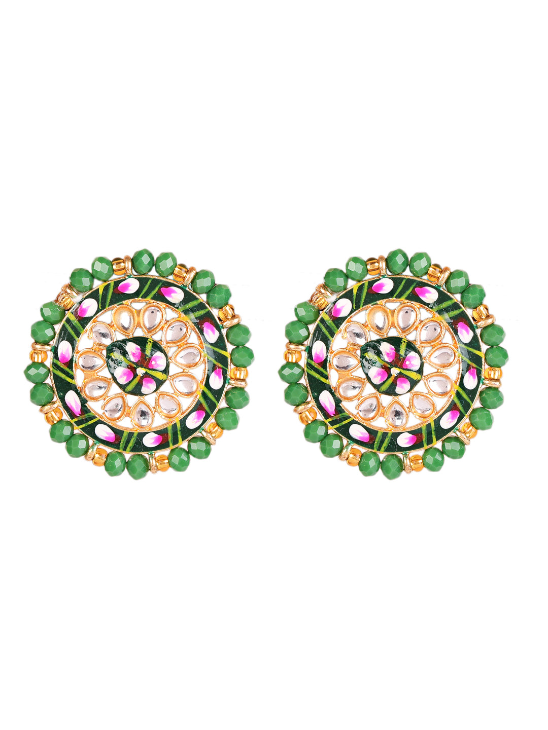 Women Green & Pink Kundan-Studded & Beaded Handcrafted Meenakari Jewellery Set - Jazzandsizzle